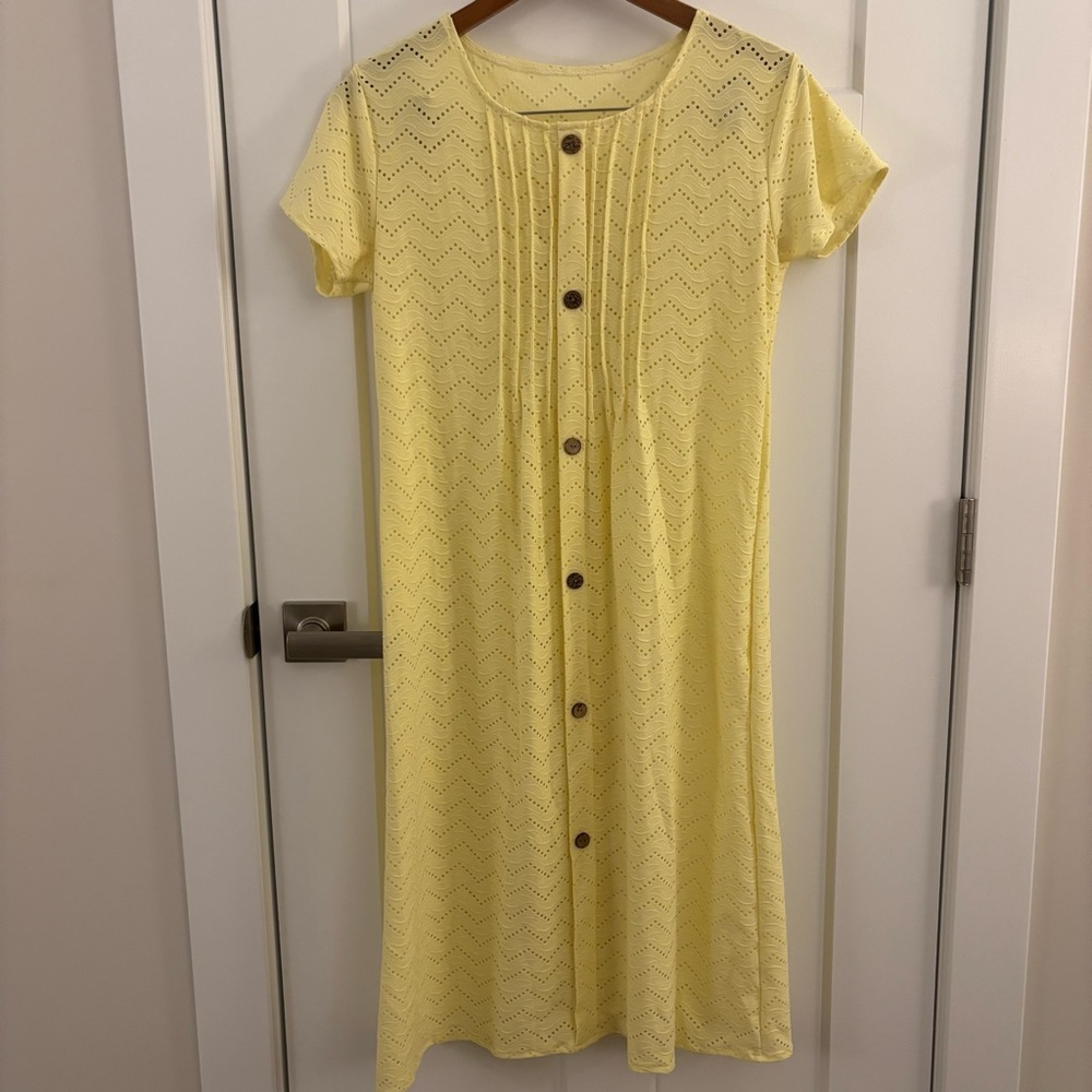 Yellow Button-Down Midi Dress with Eyelet Details and Wooden Buttons